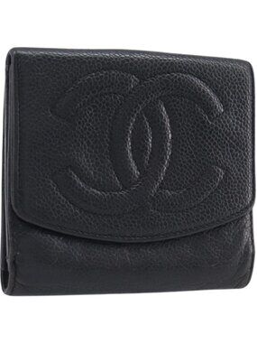 CHANEL Wallet Grained Calf Skin Black Gold CC